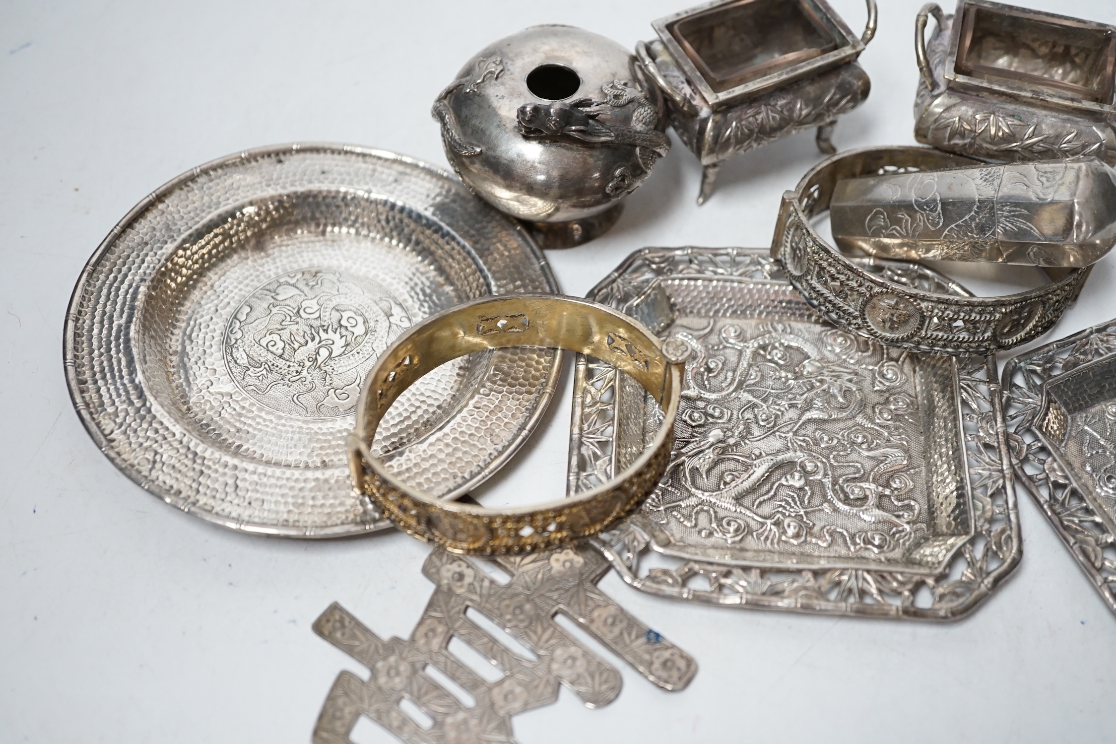 Chinese white metal items including small dishes, pair of salts, box and cover, two bangles etc.
